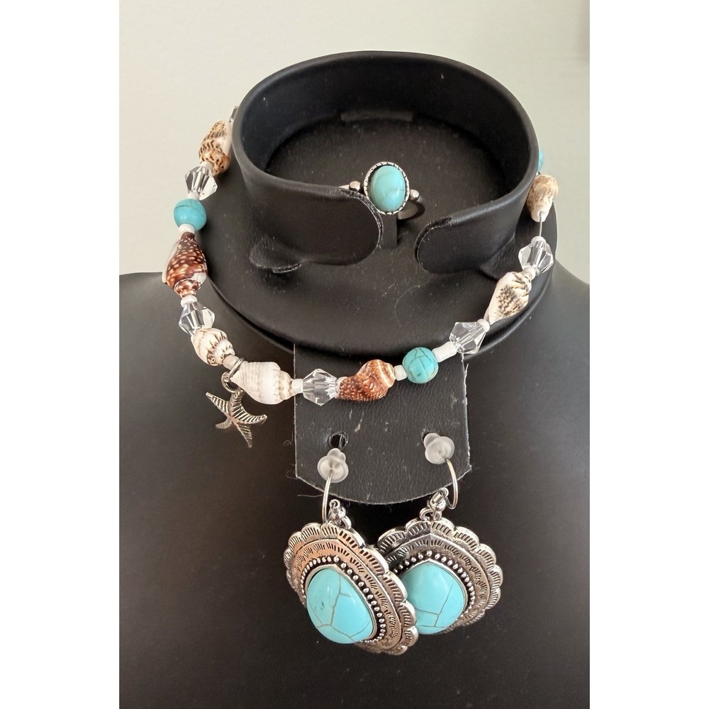 3pc Faux Turquoise‎ Western Boho Cowgirl Silver Tone Statement Jewelry Set Gift